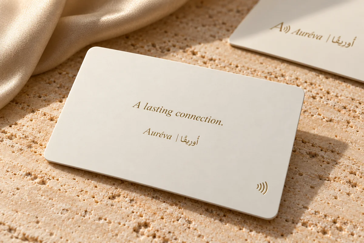Auréva card reverse with a small bilingual signature and NFC mark.