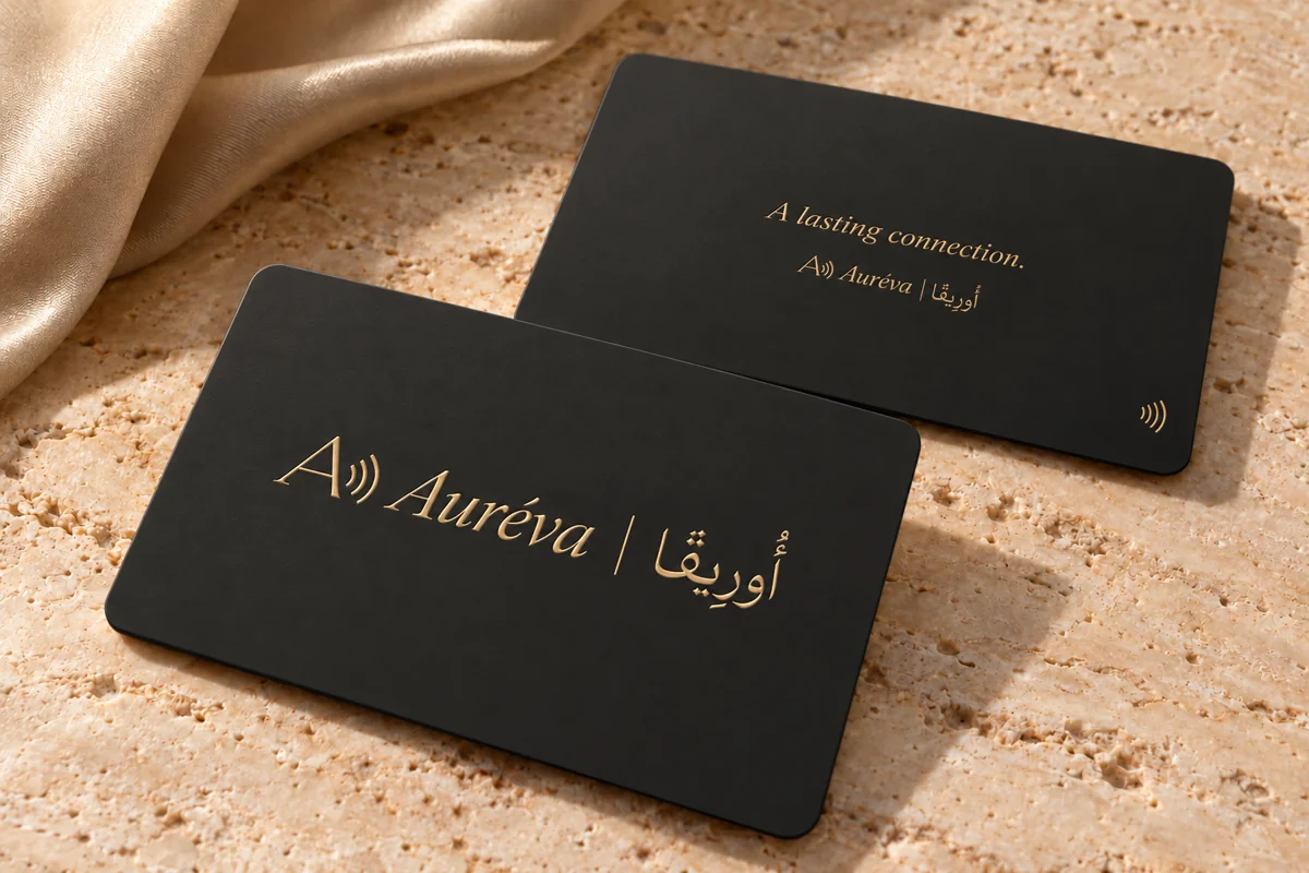 Auréva dark edition NFC card, front and reverse, with the A and contactless waves and the bilingual gold signature.