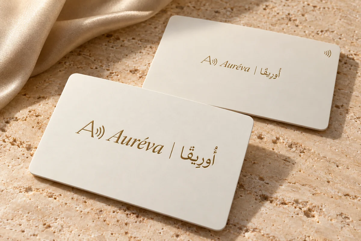Photorealistic concept of Auréva card front and reverse with gold bilingual wordmarks on one line.